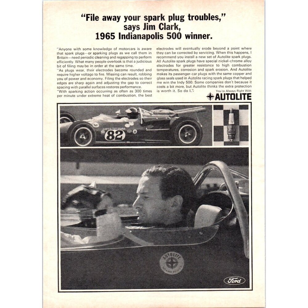 1966 Ford Autolite Spark Plugs Vintage Print Ad Jim Clark Indy 500 Race Wall Art